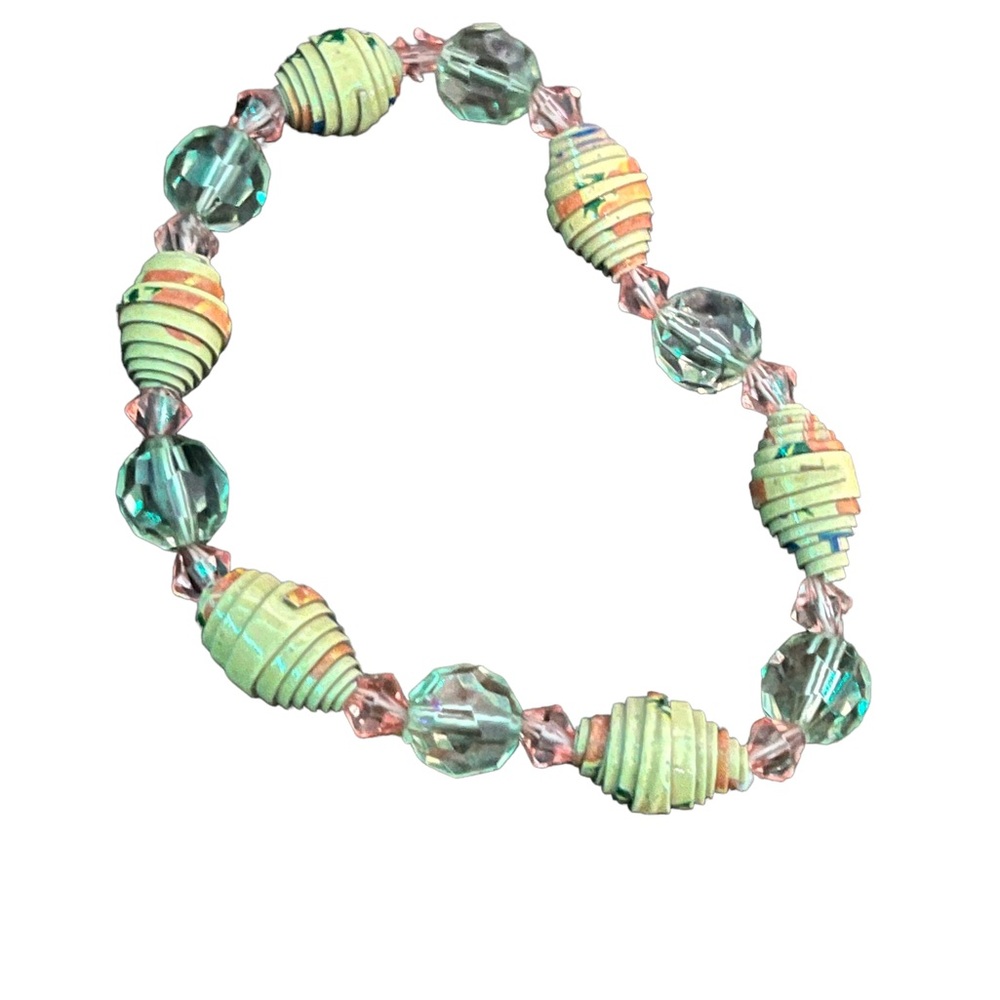 HANDMADE PAPER BEAD BRACELET STRETCH PINK GREEN YELLOW VINTAGE